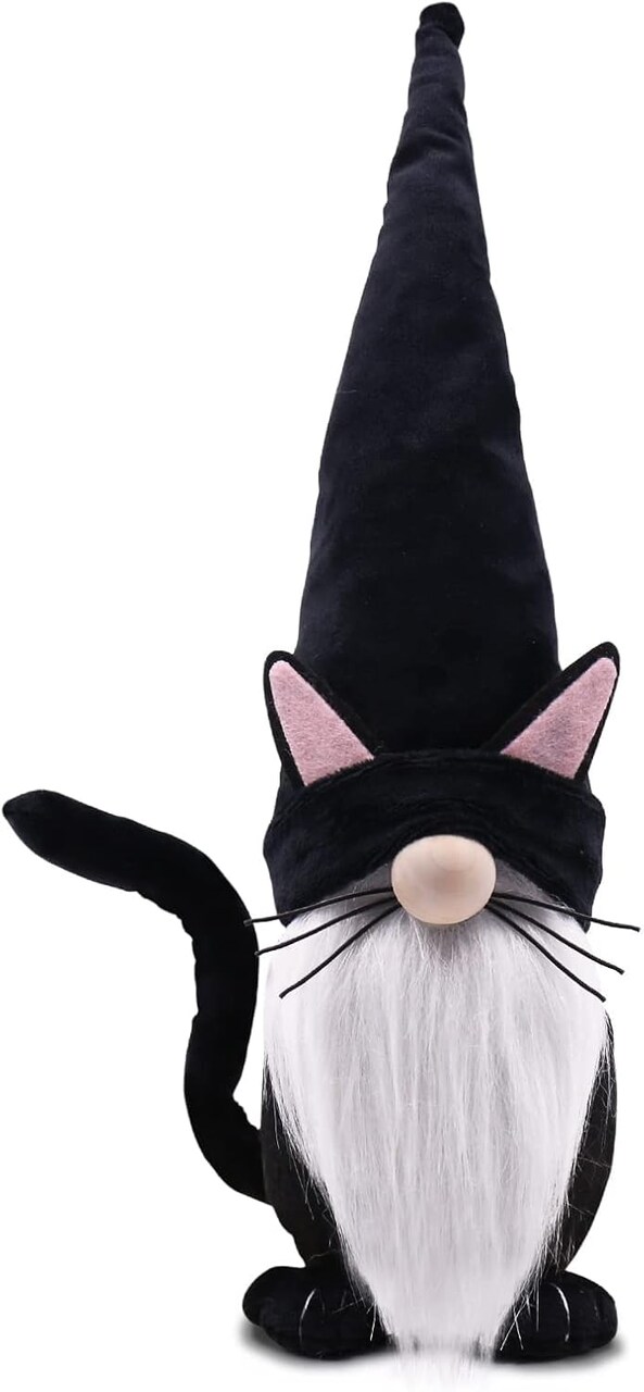 Black Cat Gnome Plush – 13.5" Handmade Scandinavian Tomte Figurine – Halloween & Christmas Farmhouse Decor – Perfect Gift for Women and Cat Lovers